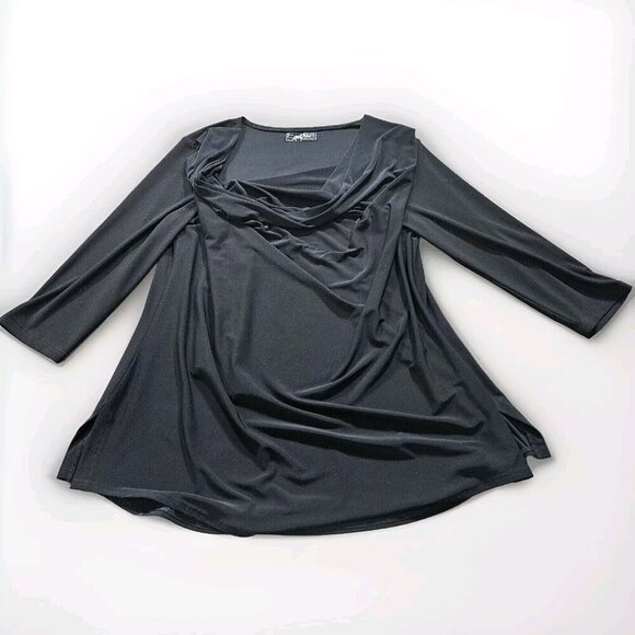 Sympli Top Women 12 Black Shawl Round Neck 3/4 Sleeve Lagenlook Drapey Goth - Picture 3 of 12